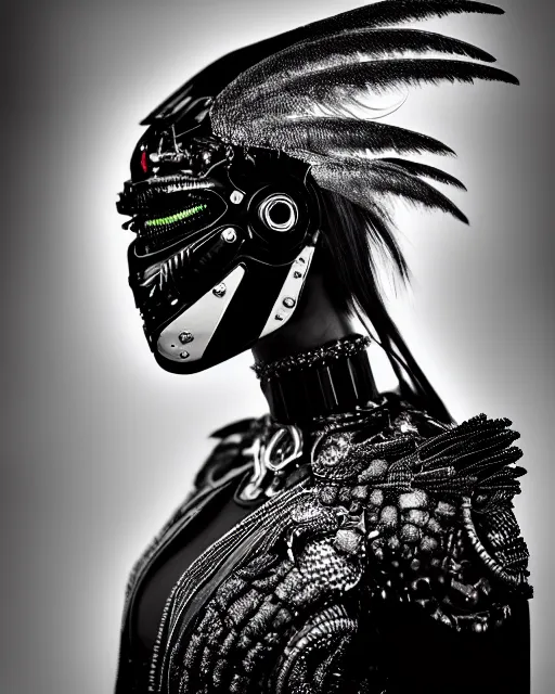 Image similar to a profile portrait, a stunning young woman - crow - cyborg, editorial photography, bw, shot on 7 0 mm, depth of field, f / 2. 8, high contrast, 1 6 k, volumetric lighting, shiny, insanely detailed and intricate, hypermaximalist, elegant, ornate, hyper realistic, super detailed