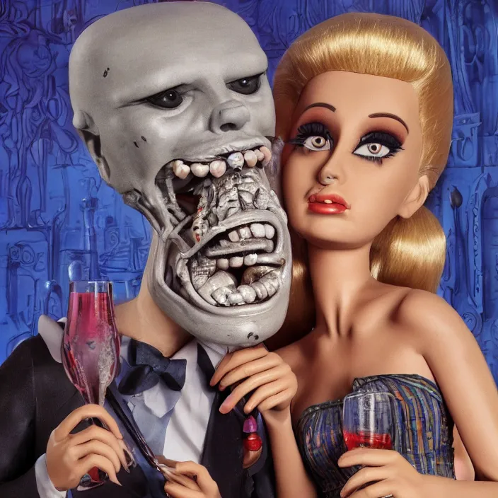 Prompt: anthropomorphic ken & barbie getting drunk, photorealism by h. r. giger, tim burton, full colour spectrum, supersampled, 8 k, beautify