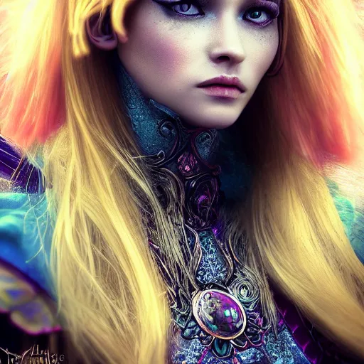 Image similar to a beautiful female human warlock portrait, focus on face, sharply focussed, brightly colored, dress, long blonde hair, fairy, fae, fantasy, medieval, still, photograph, highly detailed, trending on artstation