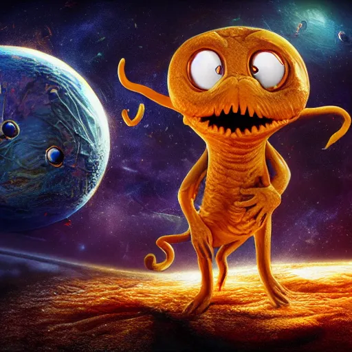 Image similar to one eldritch horror bloody garfield in space, galaxy, hd, 8 k, giant, epic, realistic photo, unreal engine, stars, prophecy, powerful, cinematic lighting, destroyed planet, debris, violent, sinister, ray tracing, dynamic, print, epic composition, dark, horrific, teeth, grotesque, scary, monochrome drawing