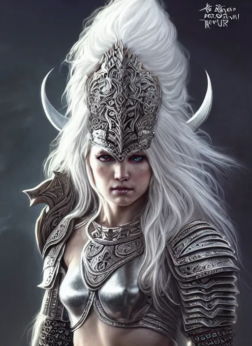 Prompt: barbarian, plated armor!!! long wild white hair!! fantasy, d & d, intricate ornate details, digital painting, beautiful eyes!, pretty face!!, symmetry, concept art, sharp focus, illustration, art by artgerm! greg rutkowski magali villeneuve wlop! ilya kuvshinov!!, octane render