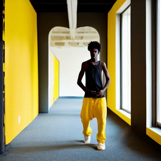 Prompt: black teenage boy with a long nose wearing a white tank top, walking in a nostalgic room with yellow walls and brown carpet