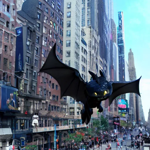 Image similar to toothless from how to train your dragon flying in new york city