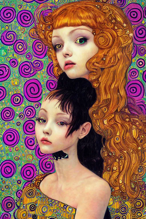 Image similar to pop surrealism, lowbrow cute girl painting, hyper realism, robotic girl, klimt style