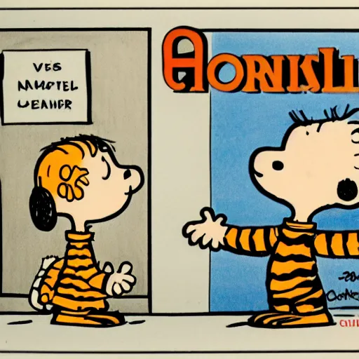 Prompt: charles schulz drawing of calvin and hobbes, newspaper comic strip, peanuts art style