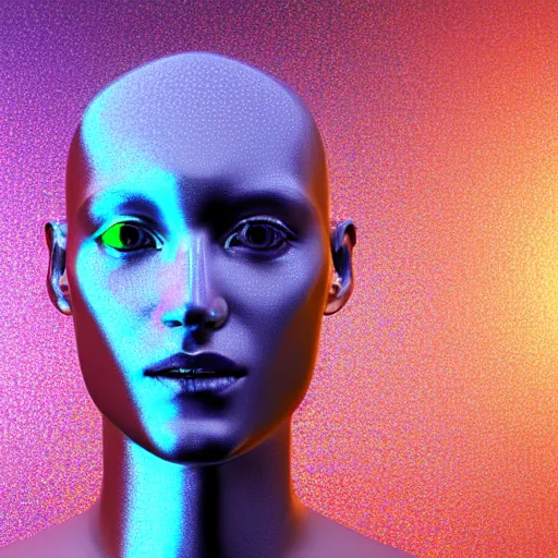 Image similar to 3d render of holographic human robotic head made of glossy iridescent, surrealistic 3d illustration of a human face non-binary, non binary model, 3d model human, cryengine, made of holographic texture, holographic material, holographic rainbow, concept of cyborg and artificial intelligence