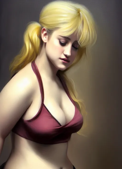 Image similar to full body portrait, teenage lili reinhart, blonde hair, obese, bangs, ponytail, sultry, realistic, sultry smirk, fluffy bangs, curly bangs, fat, belly, intricate, elegant, highly detailed, digital painting, artstation, concept art, smooth, sharp focus, illustration, art by wlop, mars ravelo and greg rutkowski