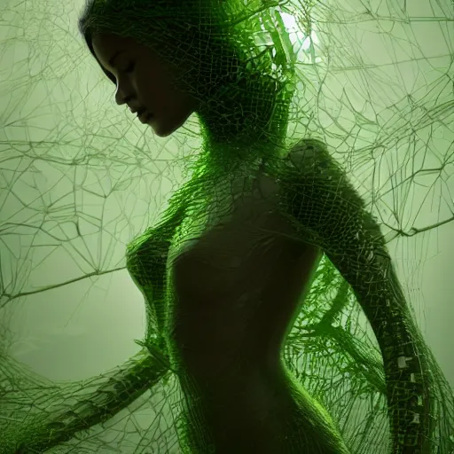 Image similar to a highly detailed ethereal full body digital image of a elegantly posed dancing futuristic woman beautifully cocooned in realistic green leafy foliage liquid like leaves shot, full body shot, by Andrew Chiampo, artstation, and Frederik Heyman, extremely detailed woman, stunning volumetric lighting, hyper realism, fantasy 4k