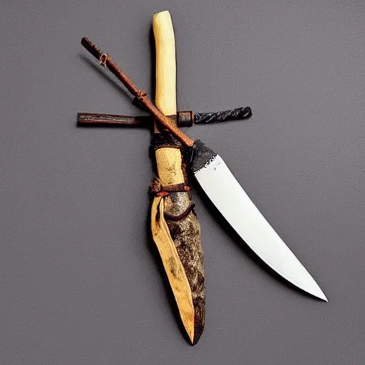 Prompt: “primitive bone dagger with leather cord wrapped around the handle, blade made out of bone, top down view”