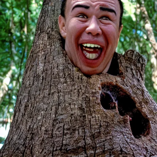 Prompt: gilbert gottfried face on a tree stump, film still