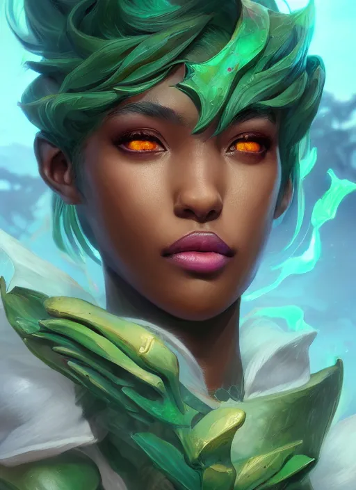 Prompt: senna from league of legends, au naturel, hyper detailed, brown skin, glowing green eyes, digital art, trending in artstation, cinematic lighting, studio quality, smooth render, unreal engine 5 rendered, octane rendered, art style by klimt and nixeu and ian sprigger and wlop and krenz cushart