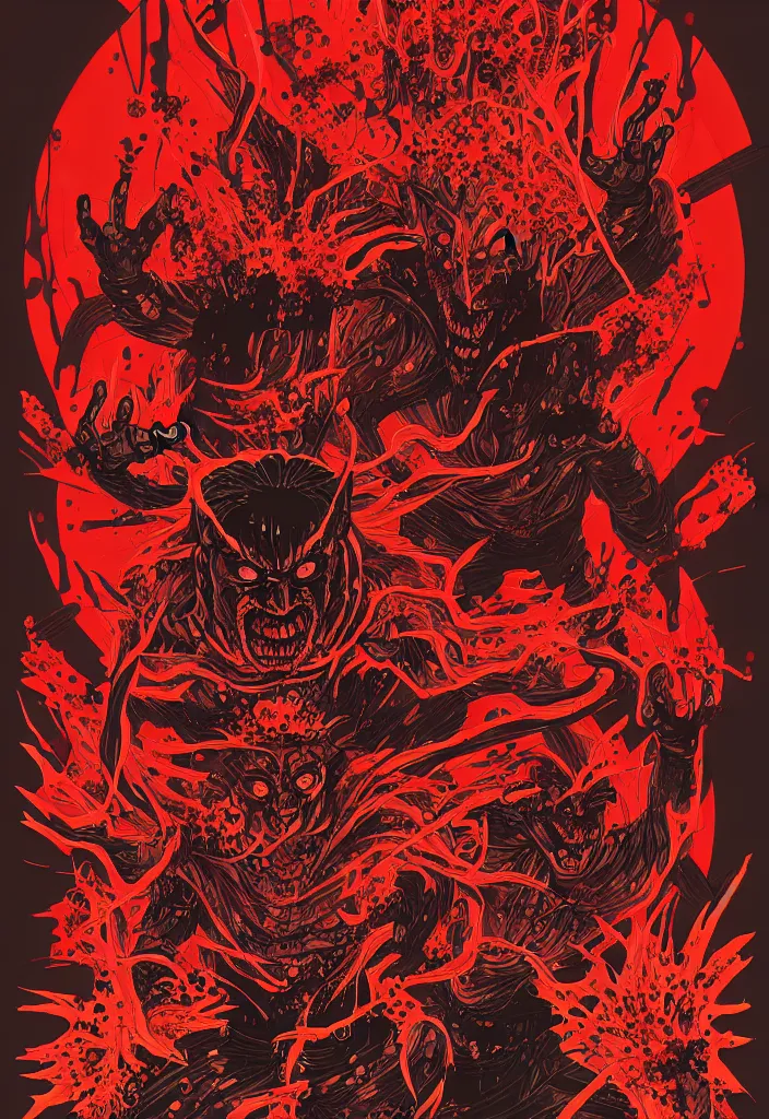 Image similar to a comic book style japanese horror poster of oni by dan mumford, yusuke murata and junji ito, blood lines, yokai, shinigami, smoke, aura, shurikens, kanji, 8k, unreal engine, trending on artstation, pixiv, intricate details, volumetric lighting