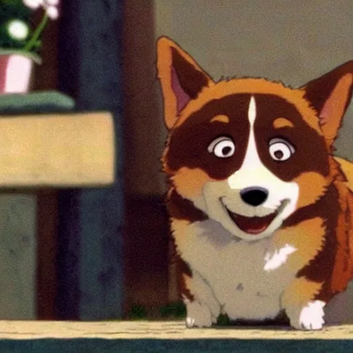 Image similar to the most adorable corgi, smiling, happy, cute, scene from an anime by studio ghibli, hayao miyazaki, spirited away