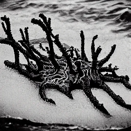 Image similar to nightmare monster emerging from sea surface, but monster is dendritic