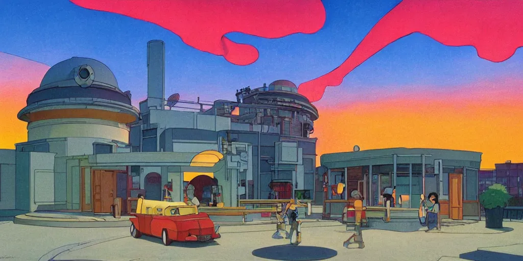 Image similar to fusion reactor, wonderous and magical, in an urban setting, sunset, by Studio Ghibli and Edward Hopper