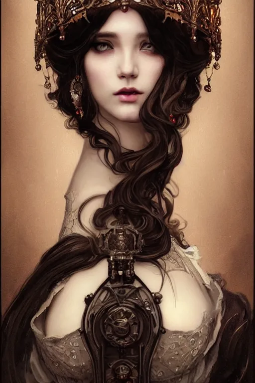 Image similar to beautiful and luxury and victorian and gothic and dieselpunk young medieval dark crown princess portrait like blackpink lisa+smoky eyes+front face with light flowing hair, ultradetail face, art and illustration by tian zi and craig mullins and WLOP and alphonse mucha, fantasy, intricate complexity, human structure, human anatomy, fantasy character concept, watermark, blurry, hyperrealism 8k