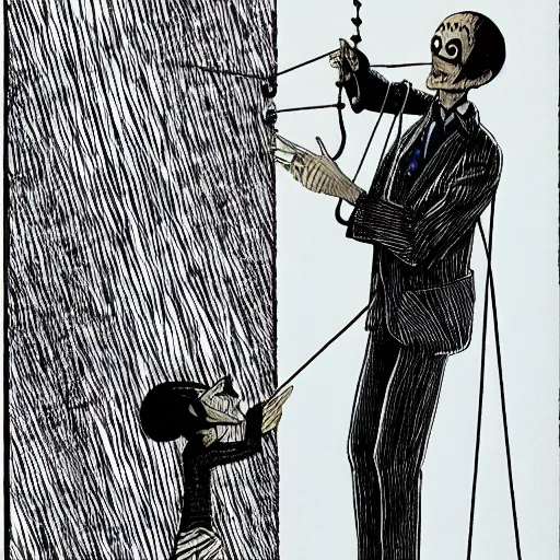 Image similar to person as a marionette being controlled by strings held by depression despair and hatred, illustrated by junji ito