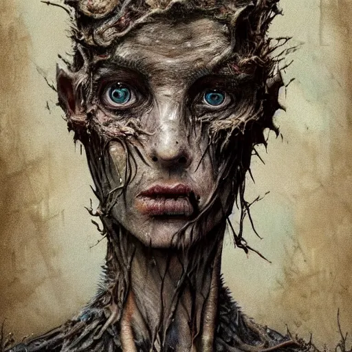 Image similar to realistic portrait undead creature made of rotting driftwood and moss. heald together by spiderwebs and fungi, dungeons and dragons, by Elodie Mondoloni, detailed intricate ink illustration, dark atmosphere, detailed illustration, hd, 4k, digital art, overdetailed art, concept art, by greg rutkowski, by loish, complementing colors, Trending on artstation, deviantart