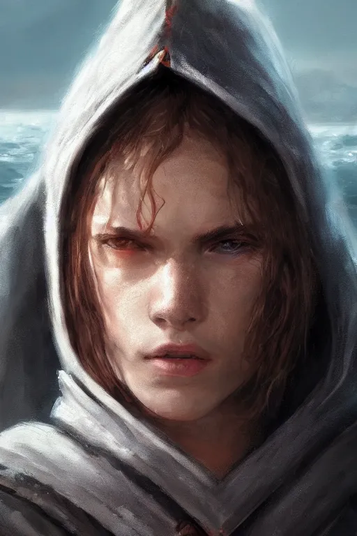 Image similar to dungeons and dragons young hooded warrior character closeup portrait, dramatic light, lake background, 2 0 0 mm focal length, painted by stanley lau, painted by greg rutkowski, painted by stanley artgerm, digital art, trending on artstation