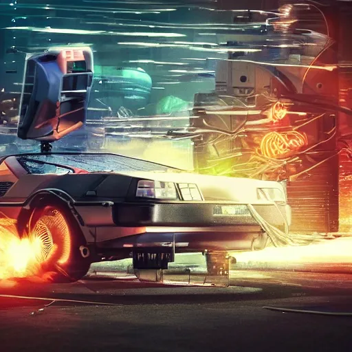 Image similar to a cyberpunk delorean breaking the space - time continuum, energy and time particles, dramatic framing, movie footage, 8 k