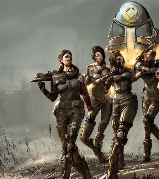 Image similar to fallout 5, concept art brunette female enclave officer leading a squad portrait, concept art, outdoors industrial setting, spring time, slight overcast, atmospheric lighting, painted, intricate, volumetric lighting, beautiful, sharp focus, golden hour, ultra detailed by leesha hannigan, ross tran, thierry doizon, kai carpenter, ignacio fernandez rios