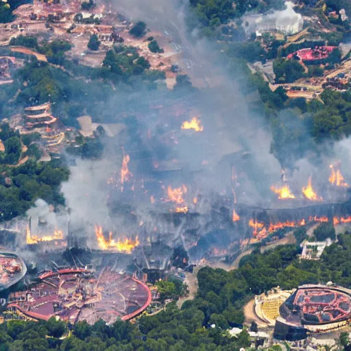 Image similar to aerial image of disney land ln fire alien invasion