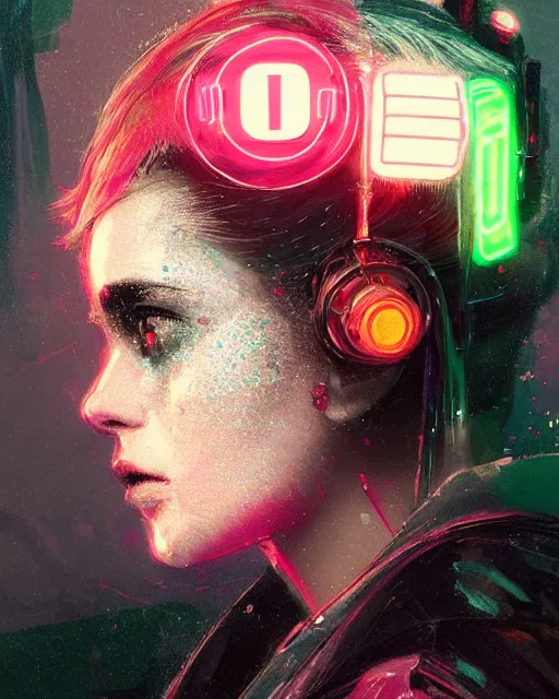 Image similar to detailed side profile portrait Neon Operator Girl, cyberpunk futuristic neon, reflective puffy coat, decorated with traditional Japanese ornaments by Ismail inceoglu dragan bibin hans thoma greg rutkowski Alexandros Pyromallis Nekro Rene Maritte Illustrated, Perfect face, fine details, realistic shaded, fine-face, pretty face