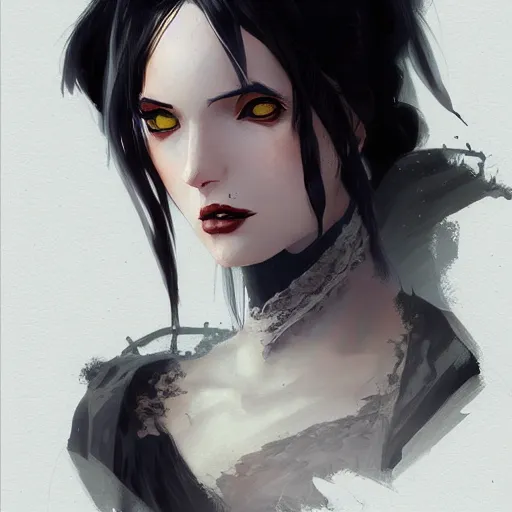 Image similar to female human vampire witch in the style of greg rutkowski, makoto shinkai, trending on artstation, character design, concept art, pretty face, highly detailed, long black hair, portrait, digital art