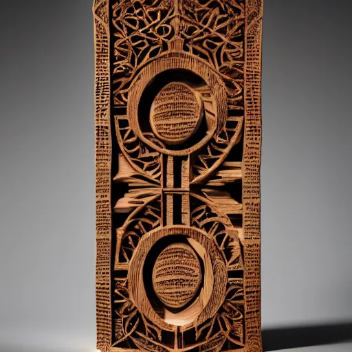 Prompt: a intricate photon carved from wood, photograph, studio lighting