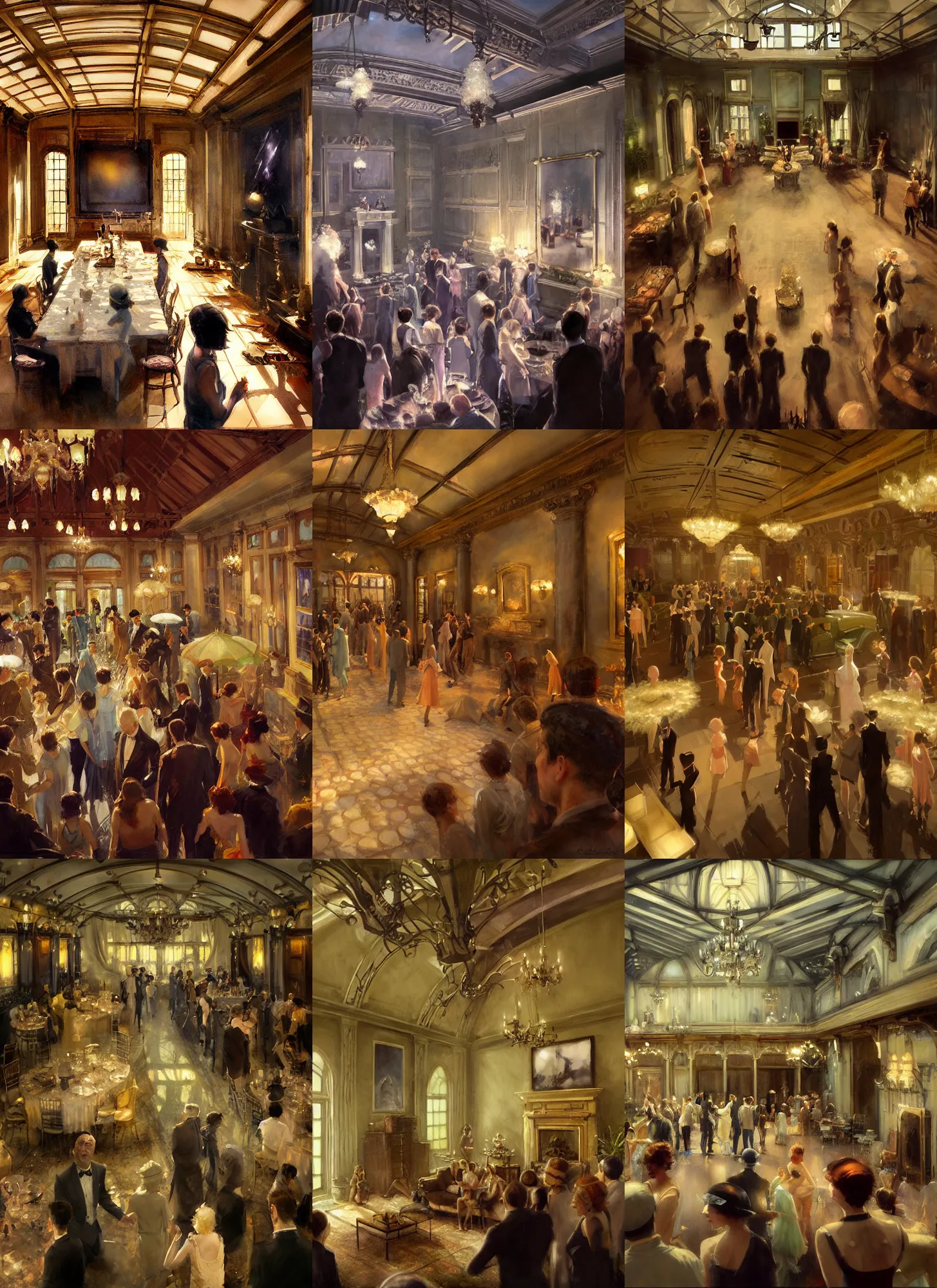 Prompt: craig mullins and ghibli and james gurney detailed painting of a 1 9 2 0 s grand party in a beautiful mansion, vaulted ceiling, many partygoers, strong contrast, unreal engine, hyper realism, realistic shading, cinematic composition, realistic render, octane render, detailed textures, photorealistic, wide shot, 3 5 mm film