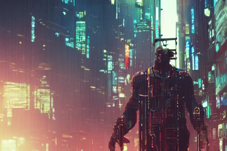 Image similar to cinematography of buff cyberpunk man by Emmanuel Lubezki