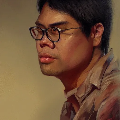 Image similar to hyper realistic, portrait of filipino ( dwight shrute ), painted by greg rutkowski, wlop, loish,