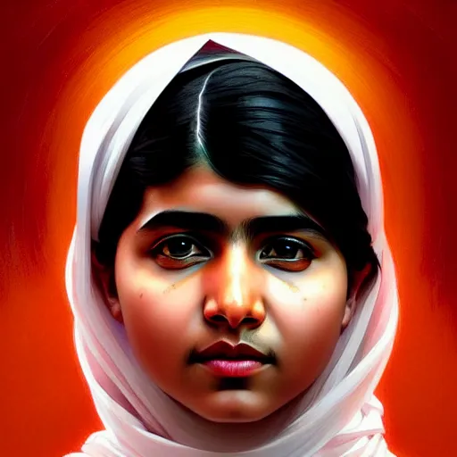 Image similar to Malala , colorful painting on grey scale face, powerful , magic, thunders, dramatic lighting, intricate, wild, highly detailed, digital painting, artstation, concept art, smooth, sharp focus, illustration, art by artgerm and greg rutkowski and alphonse mucha, footage