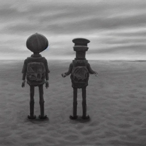 Image similar to a gloomy photo of spongebob and patrick standing on the beach, d-day, smoke, fire, detailed, realistic, hyper-realism,