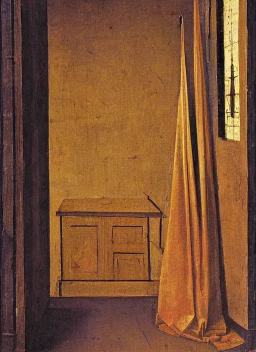 Image similar to bookshelf, medieval painting by jan van eyck, johannes vermeer, florence