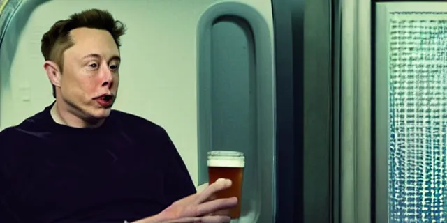 Image similar to full distant shot of balding elon musk in a tracksuit drinking beer in filthy trailer, by ken loach