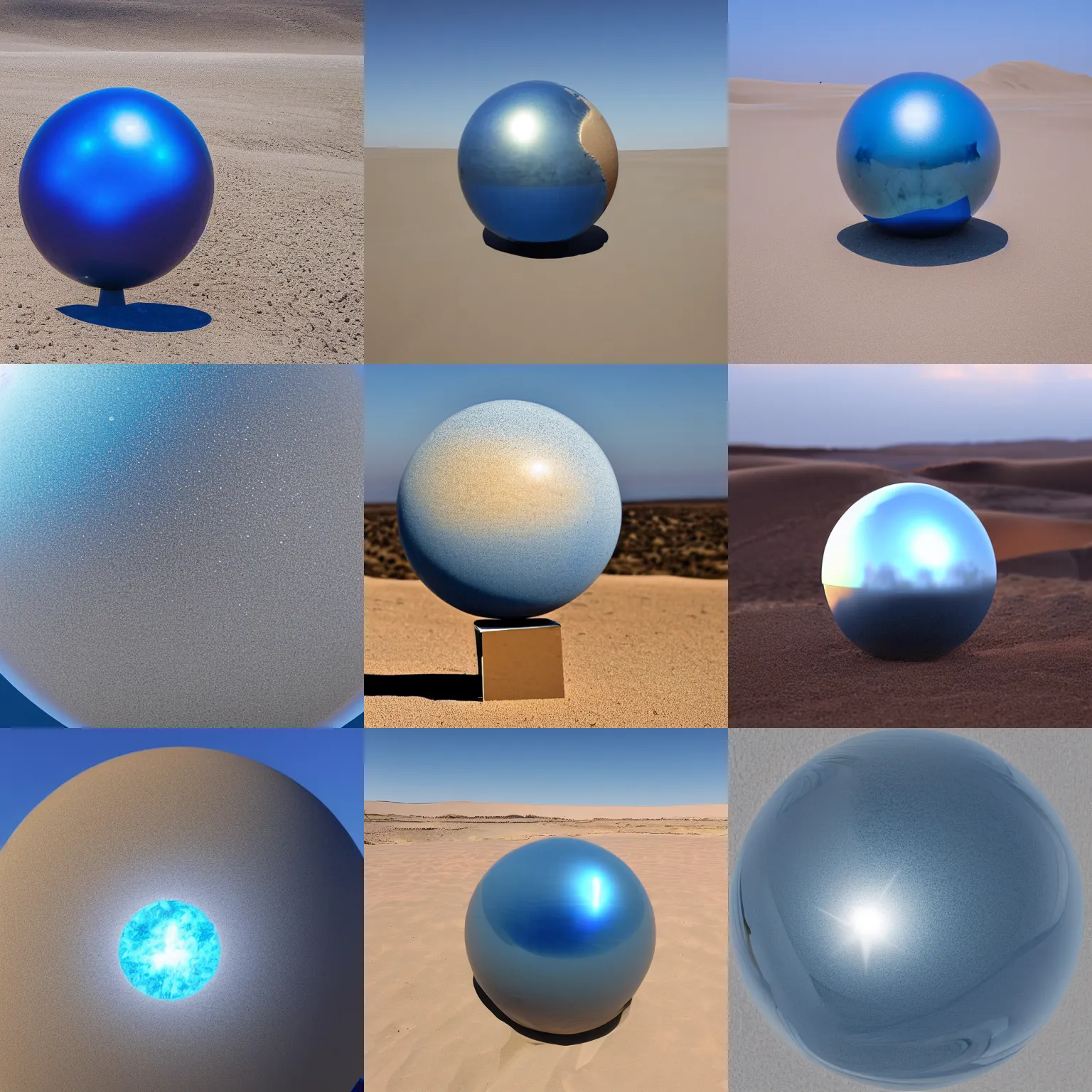 Prompt: a blue sphere with mirror finish, emerging from desert sand. light radiates from the sphere