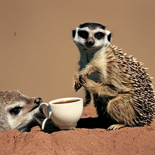 Image similar to meerkat with hedgehog drinking coffee, cinematic, kodachrome