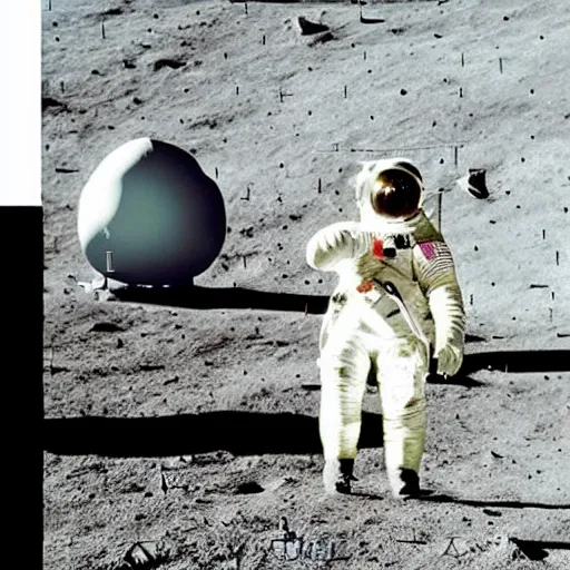 Image similar to penguin astronaut wearing helmet, standing next to the Apollo lunar lander. TV footage