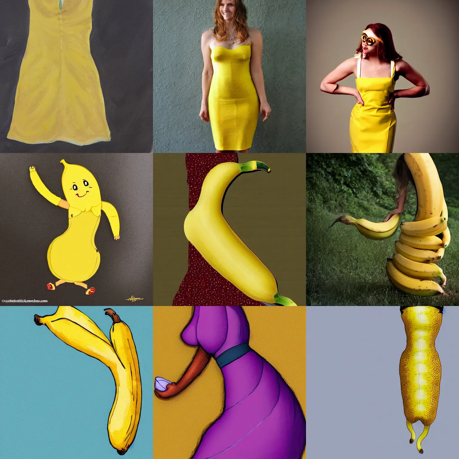 Prompt: antropomorphic banana in a dress