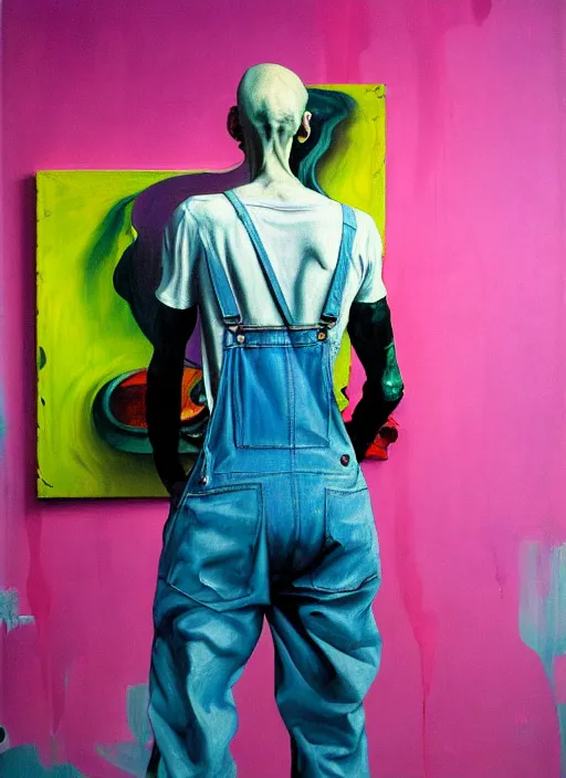 Image similar to an insane, skinny, artist wearing overalls, expressive, painting the walls inside a grand messy studio, hauntingly surreal, highly detailed painting by francis bacon, edward hopper, adrian ghenie, gerhard richter, and james jean, soft light 4 k in pink, green and blue colour palette, cinematic composition,