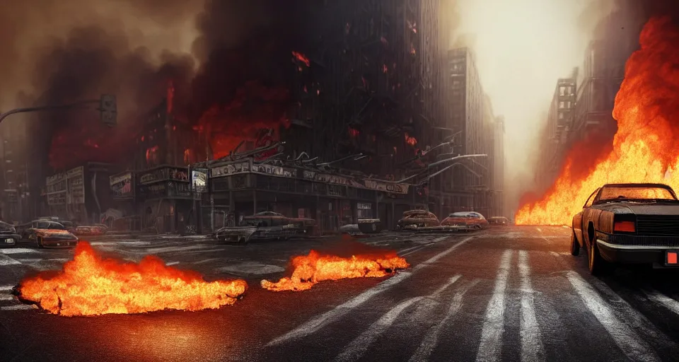 Image similar to A beautiful hyper realistic ultra detailed lifelike matte painting of a scruffy black Timber Wolf standing in the middle of a post-apocalyptic New York City street with cars and buildings engulfed in flames on fire, unreal engine, deviantart, flickr, artstation, octane render, textured, colorful, extreme realistic detail, physically based rendering, pbr render, very detailed, volumetric lighting, detailed lighting, octane render, 4k, cinematic lighting, 8k resolution