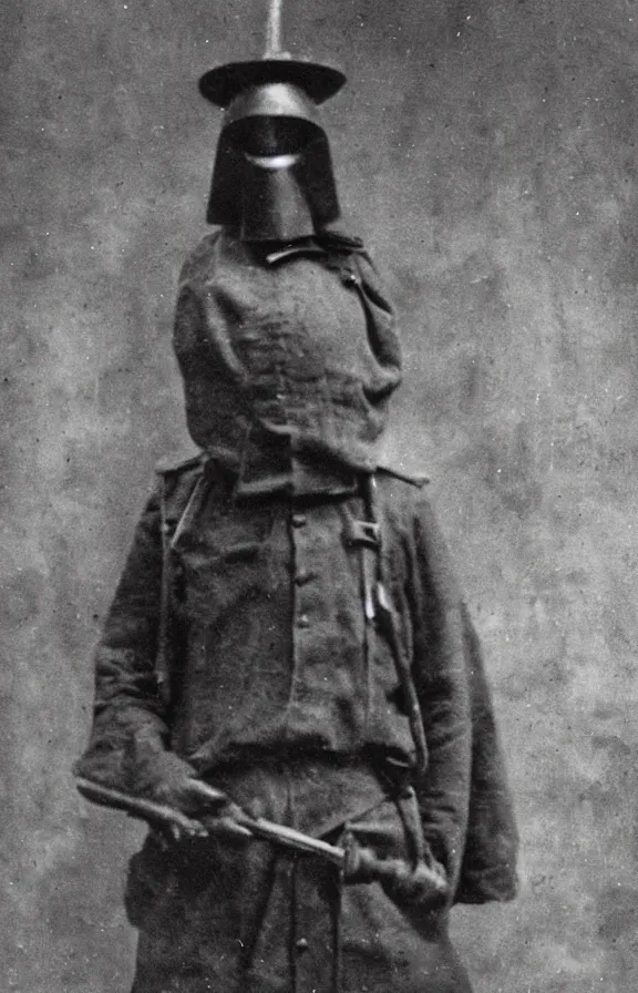 Prompt: person wearing executioner mask, ww1 photo, grainy, high detail, high resolution