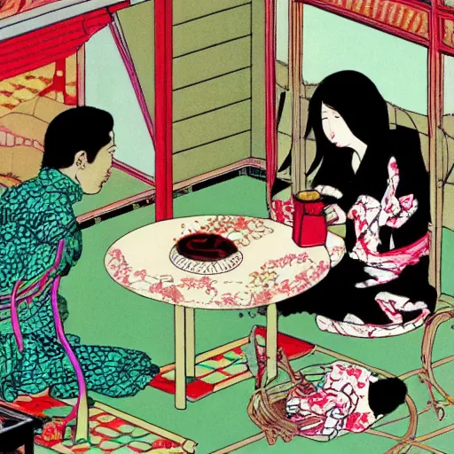 Image similar to Japanese beauty wrapped in a snake having tea with her husband by Toshio Saeki, high detailed