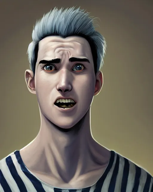 Prompt: An epic fantasy comic book style portrait painting of a charming and friendly young man in a laboratory, very expressive, buzz cut gray hair, !![without glasses], round face, wearing a shirt with !horizontal stripes, handling laboratory equipment, character design by Mark Ryden and Pixar and Hayao Miyazaki, unreal 5, DAZ, hyperrealistic, octane render, cosplay, RPG portrait, dynamic lighting, intricate detail, summer vibrancy, cinematic