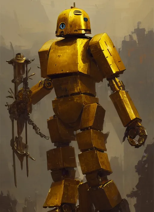 Image similar to human-sized strong intricate yellow pit droid carrying very detailed perfect antique great sword and beautiful large paladin shield, pancake short large head, exposed metal bones, painterly humanoid mecha, slightly far away, by Greg Rutkowski