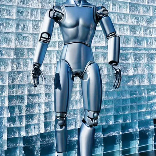 Image similar to made of ice, a realistic detailed photo of a guy who is an attractive humanoid who is half robot and half humanoid, who is a male android, on display, blank stare, showing off his muscles, shiny skin, posing like a statue, by the pool, frozen ice statue, f 1 driver max verstappen, humanoid robot