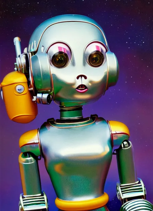 Image similar to highly detailed closeup, face profile portrait of a retro 1 9 5 0 s tin toy robot spacegirl wearing a bikini, unreal engine, nicoletta ceccoli, mark ryden, earl norem, lostfish, global illumination, detailed and intricate environment