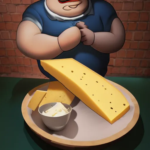 Prompt: peter griffin eating a large wheel of cheese, dslr, photorealistic, natural lighting,