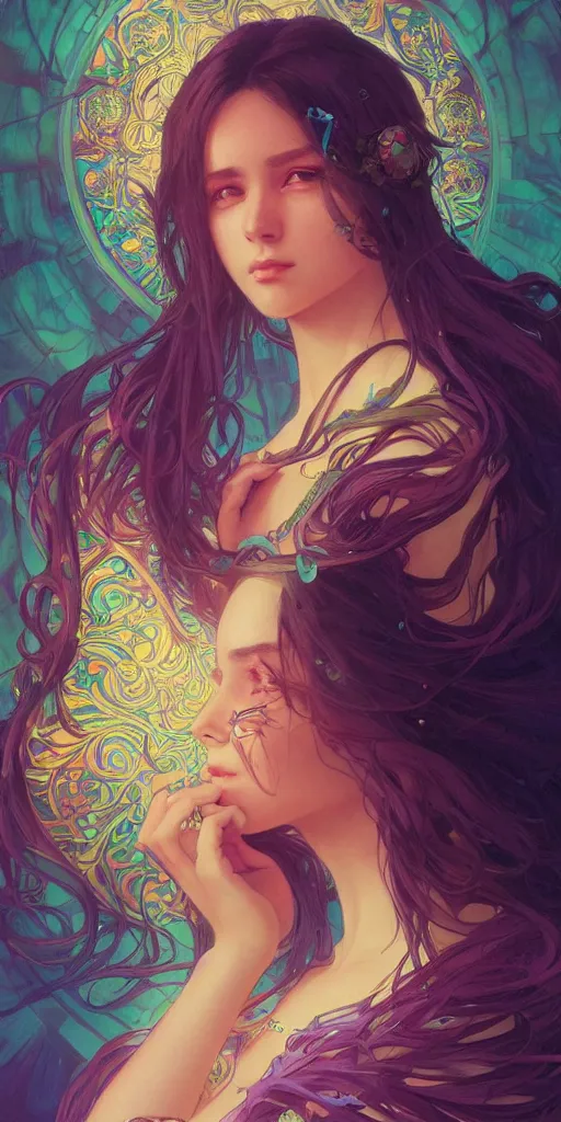 Prompt: beautiful, young woman, sad eyes, tears running down, vaporwave aesthetic, synthwave, colorful, psychedelic, long gown, ornate, intricate, digital painting, artstation, concept art, smooth, sharp focus, illustration, art by artgerm and greg rutkowski and alphonse mucha